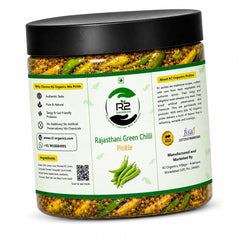 R2 Organics Rajasthani Green Chilli Pickle, Chemical Free, Premium Spices, Pure Mustard Oil, Glass Jar, Authentic Taste, Sun Dried