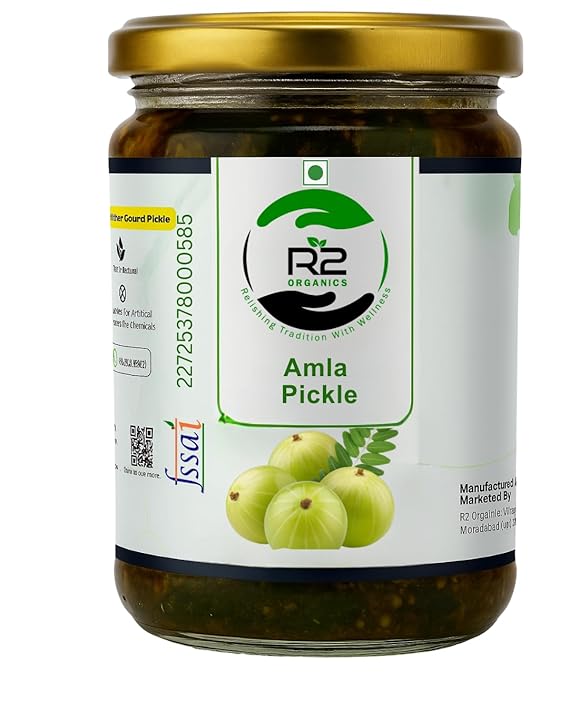 R2 Organics Amla Pickle, Homemade Sun Dried, Chemical-Free, Glass Jar, Authentic Indian Taste, in Mustard Oil