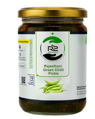 R2 Organics Rajasthani Green Chilli Pickle, Chemical Free, Premium Spices, Pure Mustard Oil, Glass Jar, Authentic Taste, Sun Dried