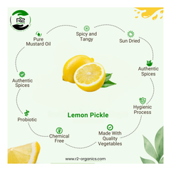 R2 Organics Lemon Pickle, Homemade Sun Dried, Chemical Free, Vegetarian, Tangy Spicy, Glass Jar