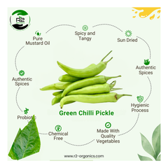 R2 Organics Rajasthani Green Chilli Pickle, Chemical Free, Premium Spices, Pure Mustard Oil, Glass Jar, Authentic Taste, Sun Dried