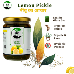 R2 Organics Lemon Pickle, Homemade Sun Dried, Chemical Free, Vegetarian, Tangy Spicy, Glass Jar