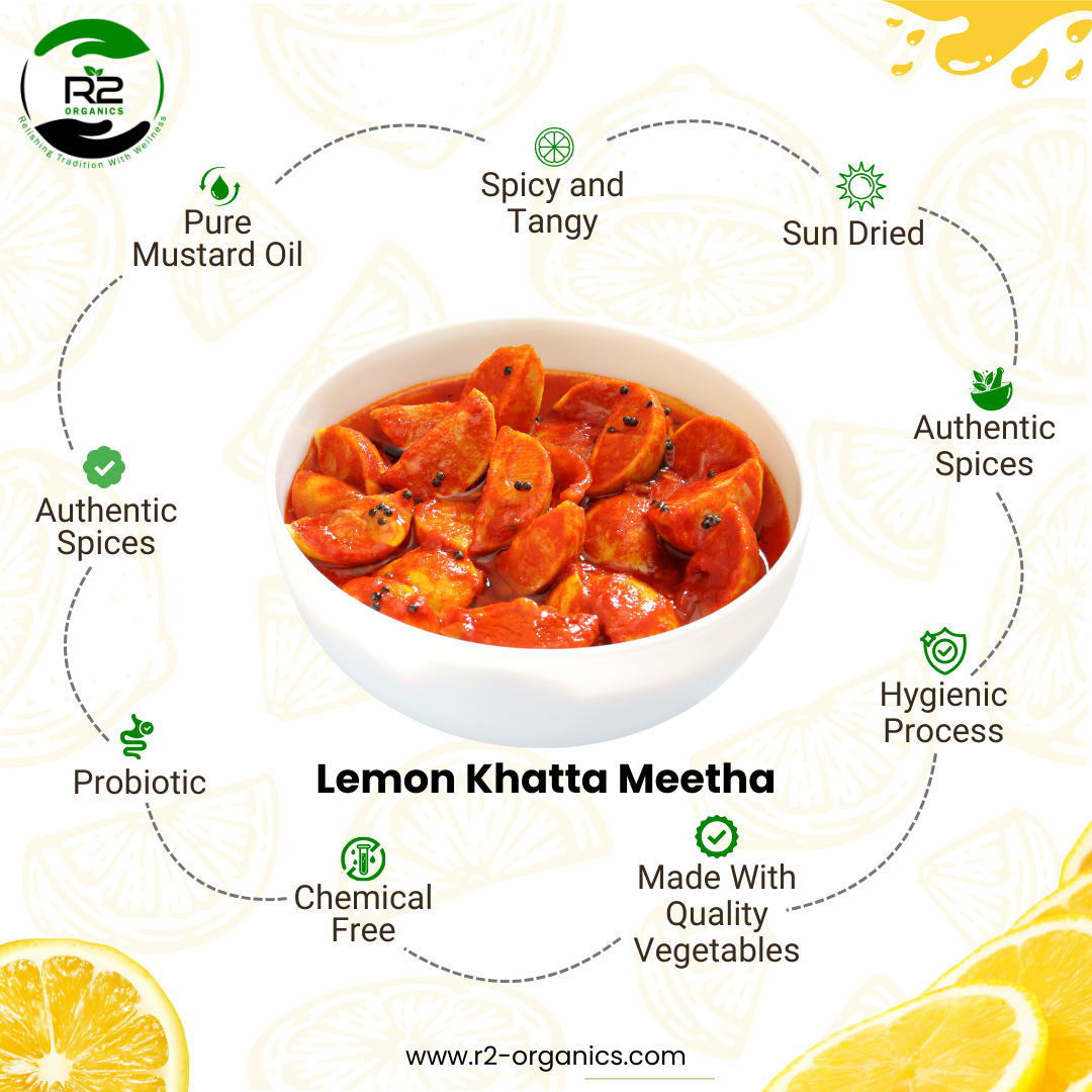 R2 Organics Lemon Sweet and Sour, Khattha Meetha Pickle| Oil Free & Vinegar Free | Handmade, Fresh with No Artificial Preservatives | Premium Quality Pickles| No chemical|Quality ingredients