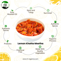 R2 Organics Lemon Sweet and Sour, Khattha Meetha Pickle| Oil Free & Vinegar Free | Handmade, Fresh with No Artificial Preservatives | Premium Quality Pickles| No chemical|Quality ingredients