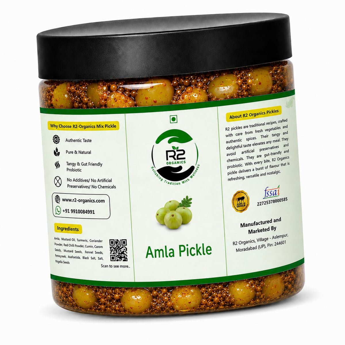R2 Organics Amla Pickle, Homemade Sun Dried, Chemical-Free, Glass Jar, Authentic Indian Taste, in Mustard Oil