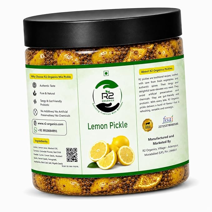 R2 Organics Lemon Pickle, Homemade Sun Dried, Chemical Free, Vegetarian, Tangy Spicy, Glass Jar
