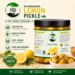 R2 Organics Lemon Pickle, Homemade Sun Dried, Chemical Free, Vegetarian, Tangy Spicy, Glass Jar