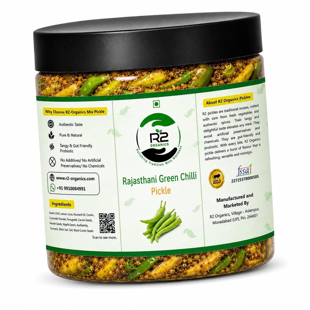 R2 Organics Rajasthani Green Chilli Pickle, Chemical Free, Premium Spices, Pure Mustard Oil, Glass Jar, Authentic Taste, Sun Dried