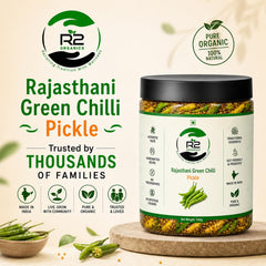 R2 Organics Rajasthani Green Chilli Pickle, Chemical Free, Premium Spices, Pure Mustard Oil, Glass Jar, Authentic Taste, Sun Dried
