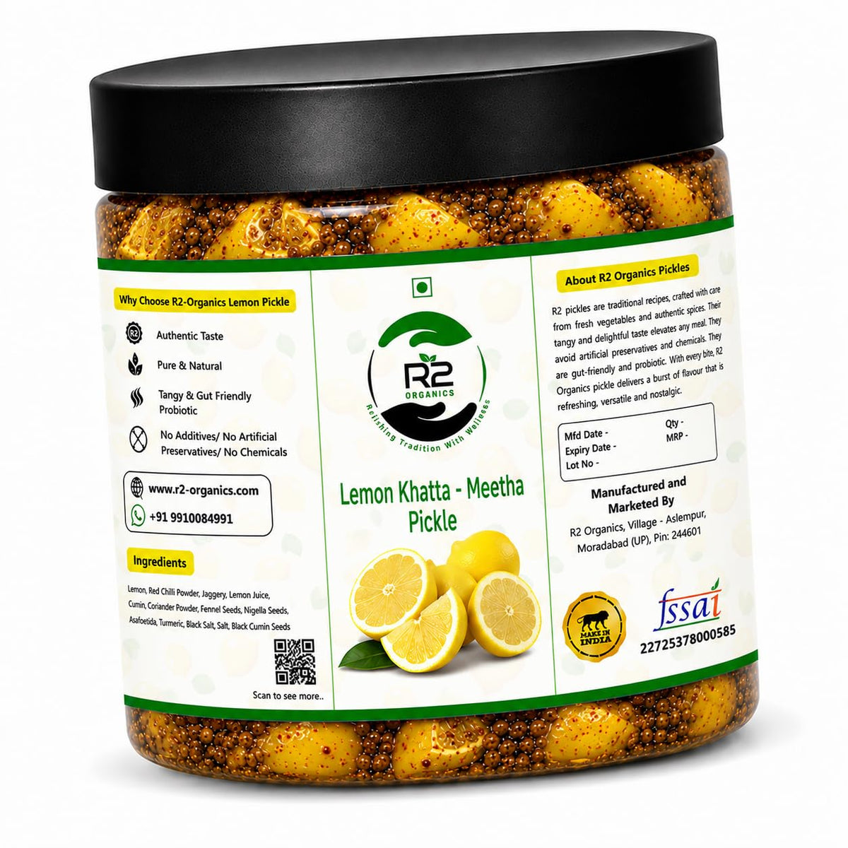 R2 Organics Lemon Sweet and Sour, Khattha Meetha Pickle| Oil Free & Vinegar Free | Handmade, Fresh with No Artificial Preservatives | Premium Quality Pickles| No chemical|Quality ingredients