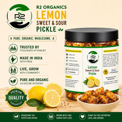 R2 Organics Lemon Sweet and Sour, Khattha Meetha Pickle| Oil Free & Vinegar Free | Handmade, Fresh with No Artificial Preservatives | Premium Quality Pickles| No chemical|Quality ingredients